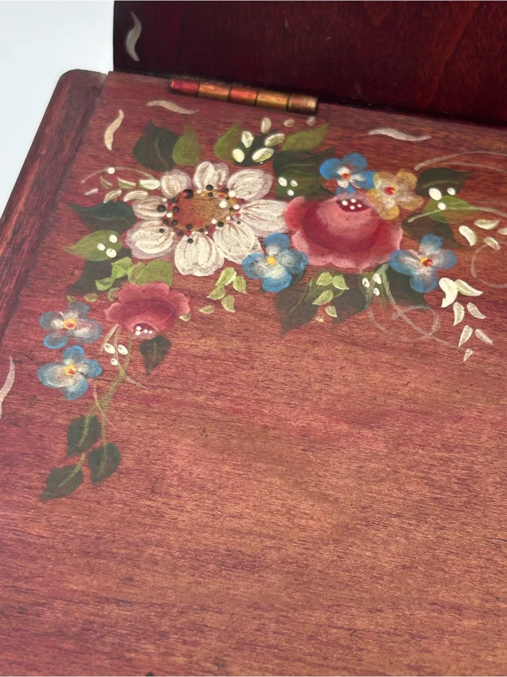 Vintage 80s Solid Wooden Folk Art Hand Painted Lidded Storage Box Hand Painted